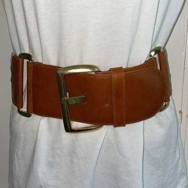 Topaz wide brown leather & cream elastic belt with