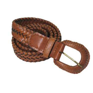 1990s Vintage Brown Cognac Leather Woven Belt Boho