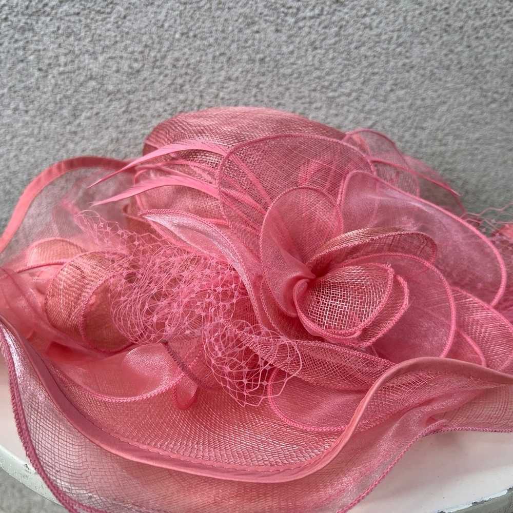 Vintage pink large brim hat organza netting flora… - image 11