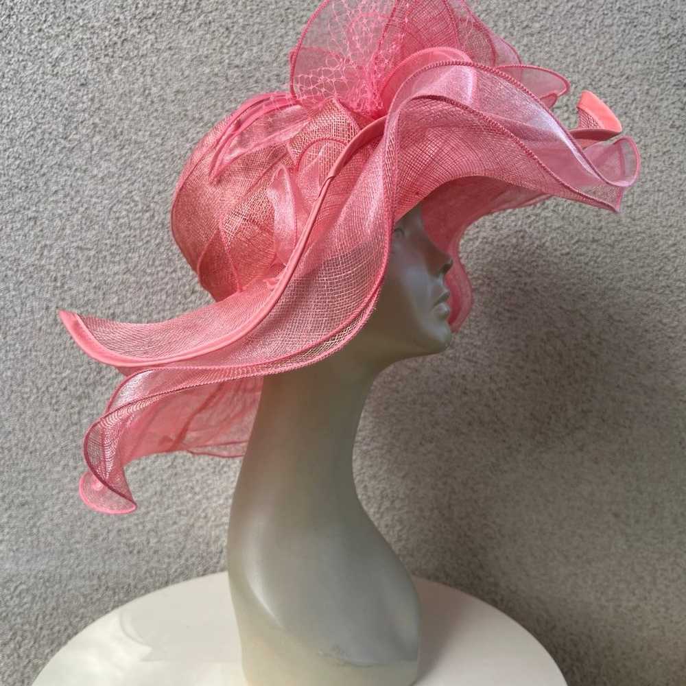 Vintage pink large brim hat organza netting flora… - image 1