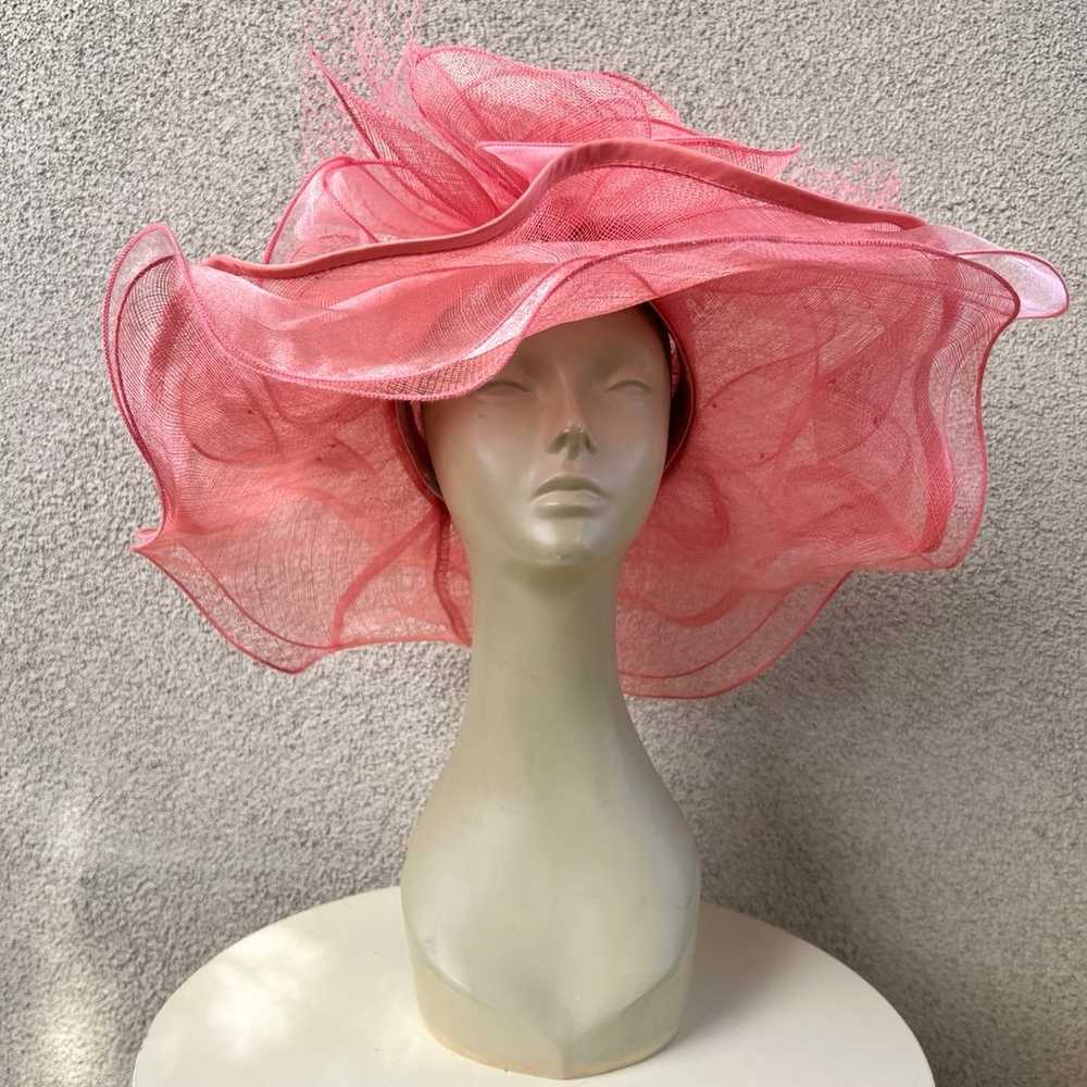 Vintage pink large brim hat organza netting flora… - image 2