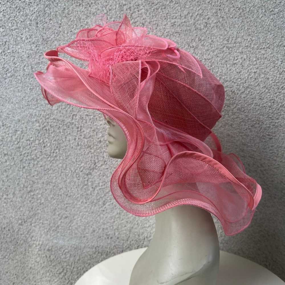 Vintage pink large brim hat organza netting flora… - image 3