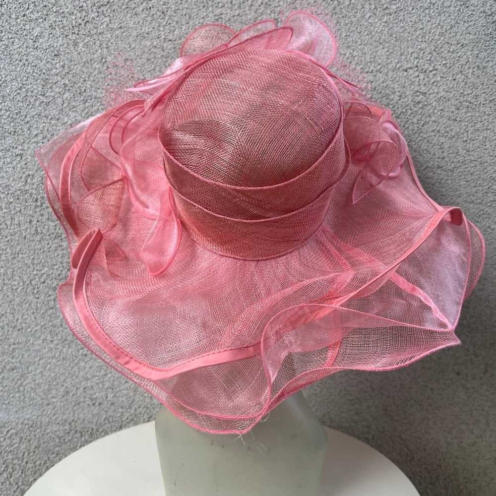 Vintage pink large brim hat organza netting flora… - image 4