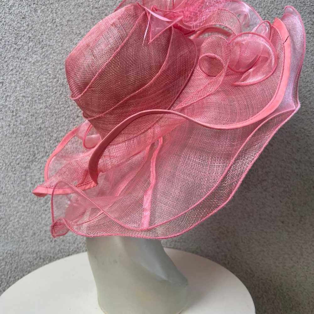 Vintage pink large brim hat organza netting flora… - image 5