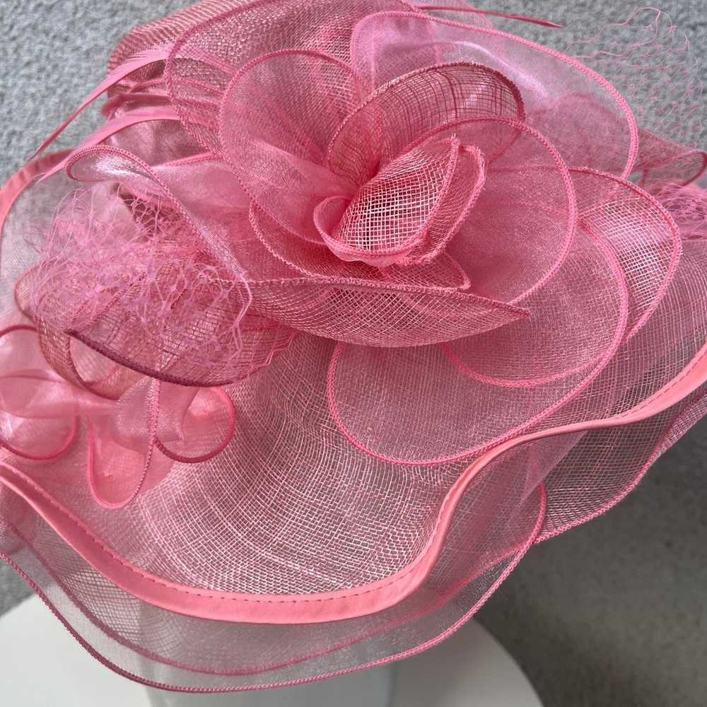 Vintage pink large brim hat organza netting flora… - image 6