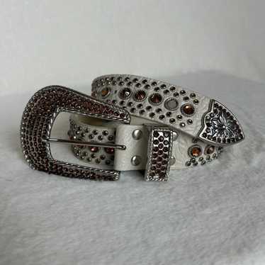 Bone White Genuine Leather Belt Swarovski Crystal… - image 1