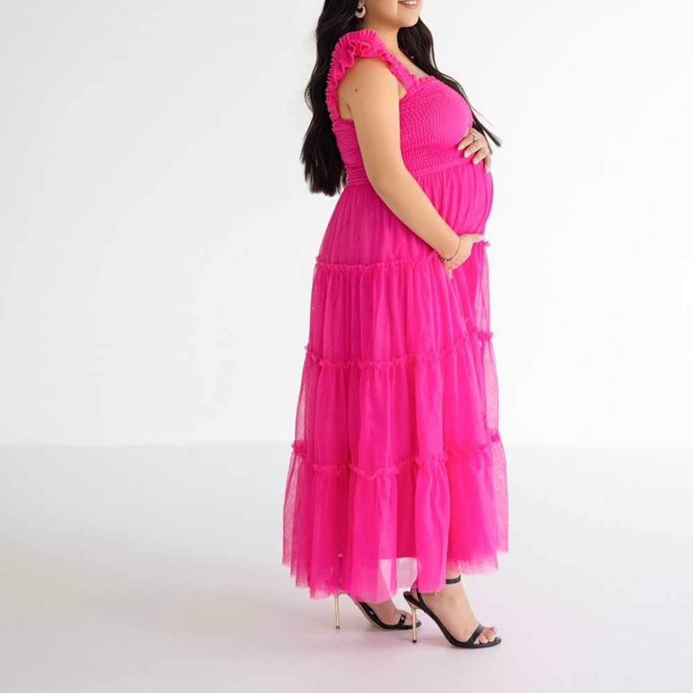 Fuchsia Smocked Mesh Ruffle Accent Maternity Midi… - image 1