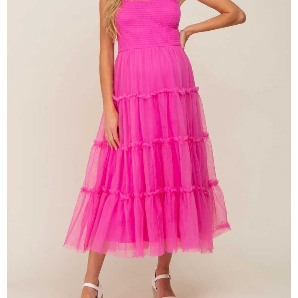 Fuchsia Smocked Mesh Ruffle Accent Maternity Midi… - image 2