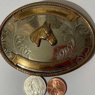 Vintage Metal Brass and Silver Horse Belt Buckle, 