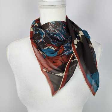 Vtg 60s Floral Print Silk Scarf 30x32 Brown Blue E