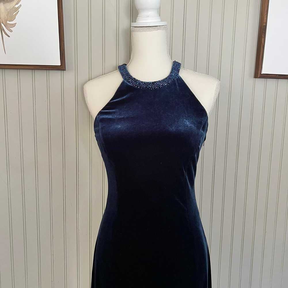 Y2K Formal Midnight Blue Velvet Beaded Halter Lon… - image 2