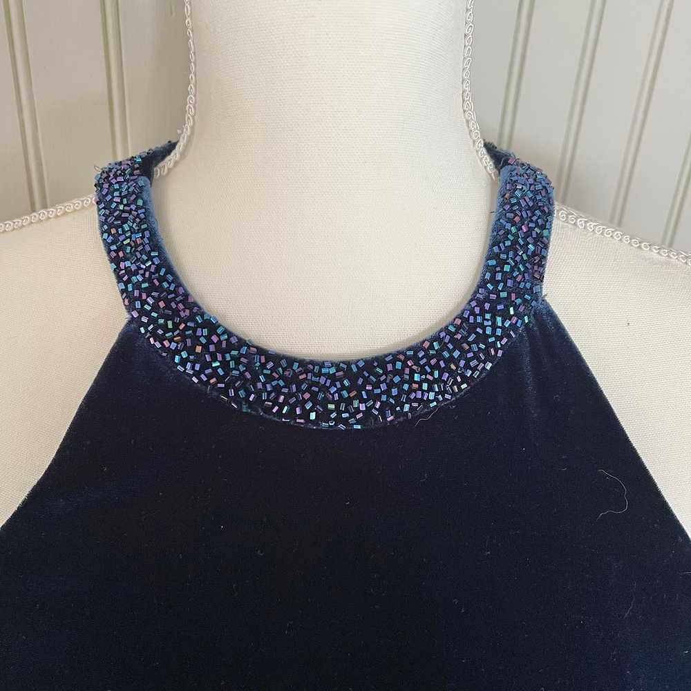 Y2K Formal Midnight Blue Velvet Beaded Halter Lon… - image 3