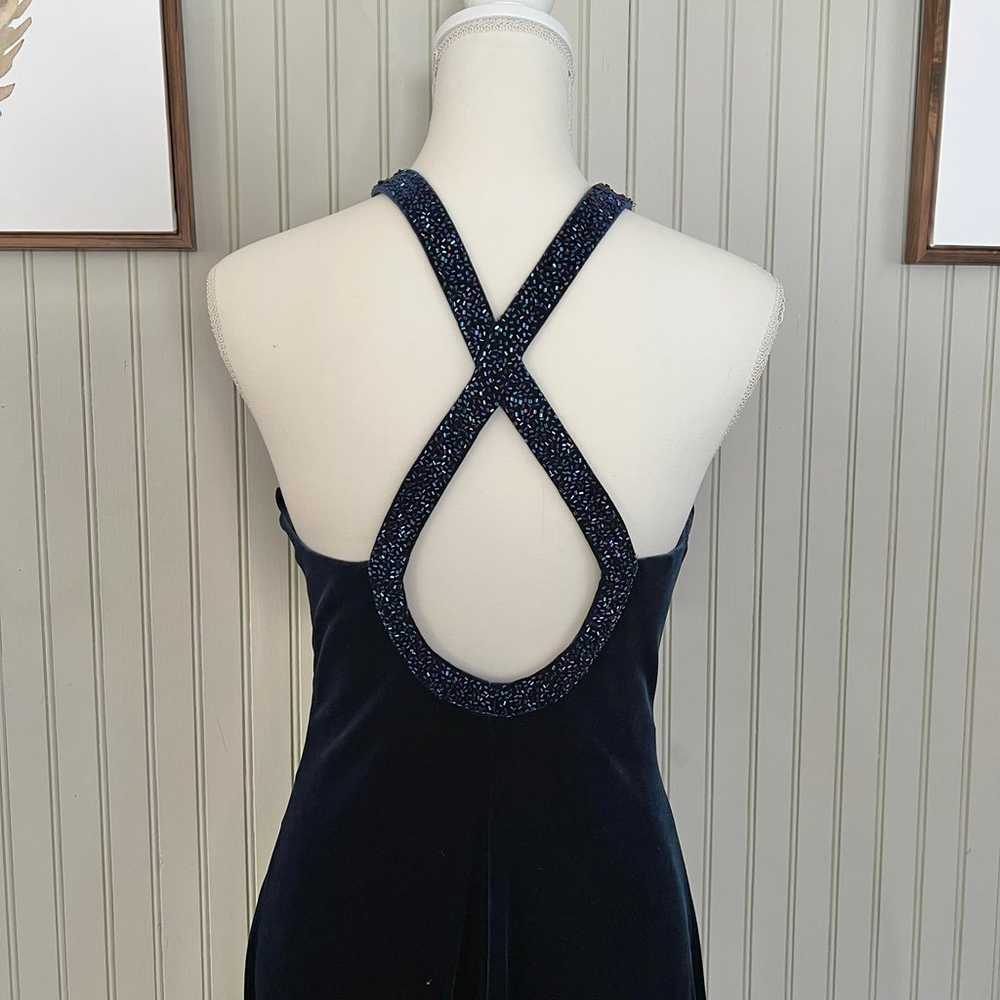 Y2K Formal Midnight Blue Velvet Beaded Halter Lon… - image 5