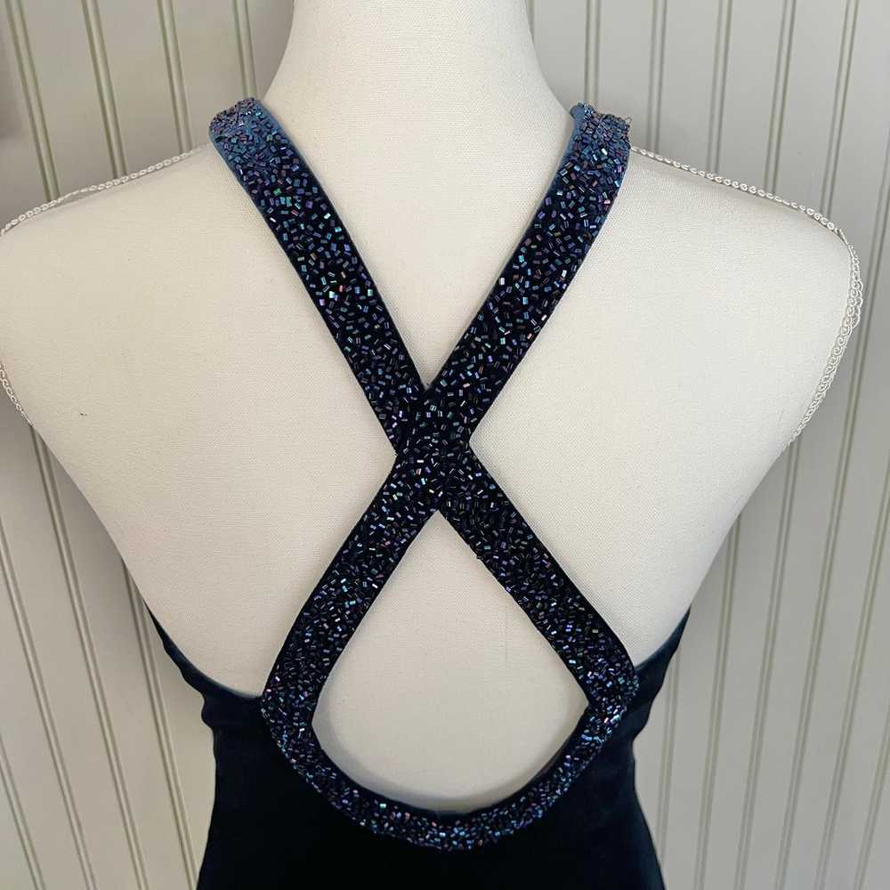 Y2K Formal Midnight Blue Velvet Beaded Halter Lon… - image 6