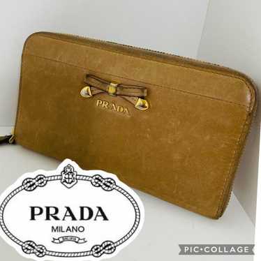 PRADA Long Wallet Round Zipper Leather Ribbon