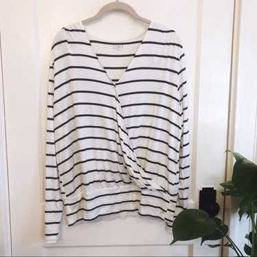 Loft LOFT White & Black Striped Wrap Top with Band