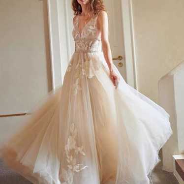 Beige tulle floral embroidered wedding dress - image 1