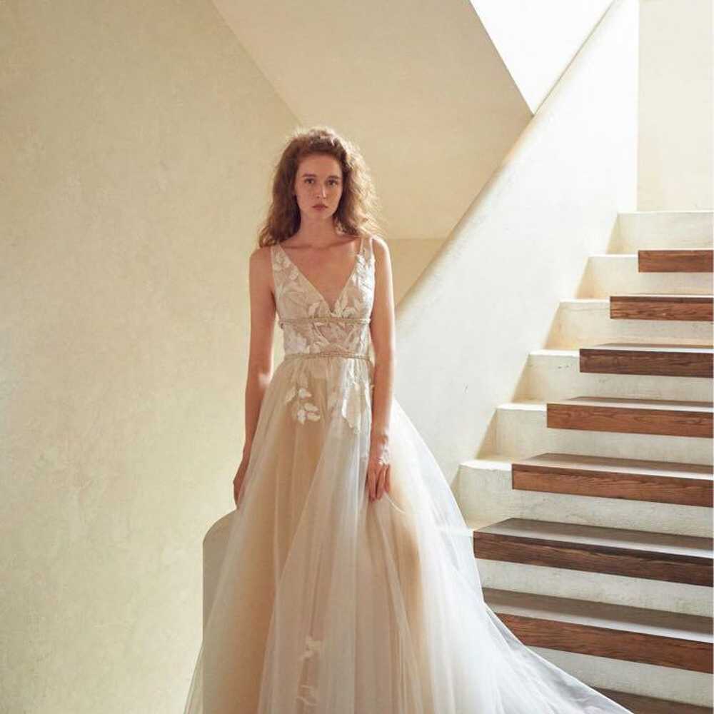 Beige tulle floral embroidered wedding dress - image 4