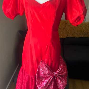 Vintage 80’s Puff Sleeve Fitted Dress w/Bow - image 1