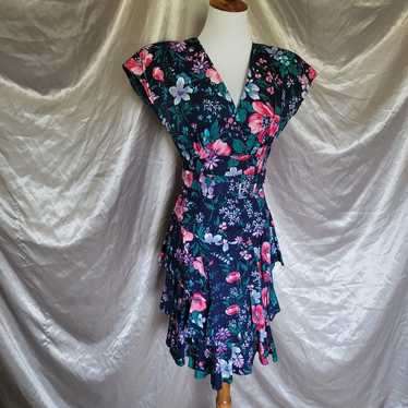 Vintage 80s Floral Print Belted Dress