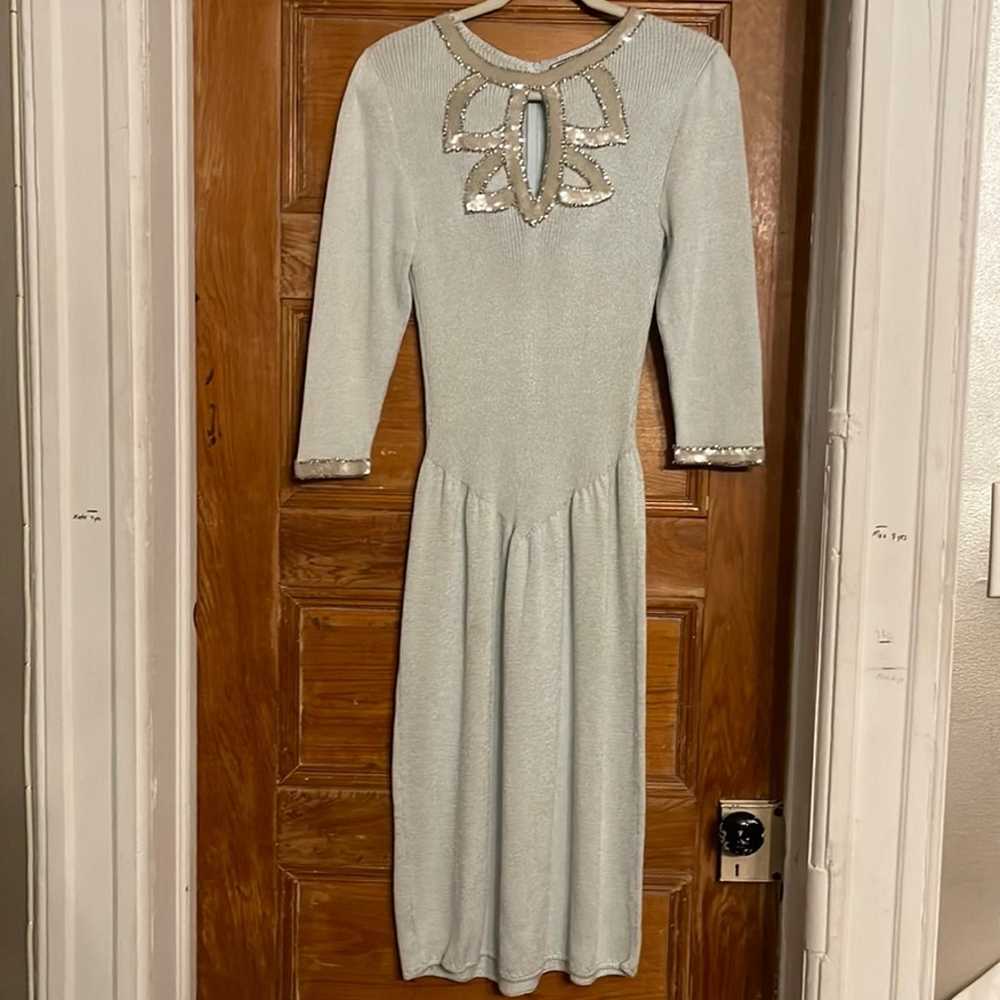 Pale Blue Vintage Knit Dress w/ Sequins - image 1