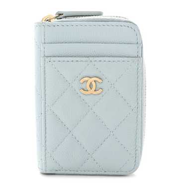 CHANEL Caviar Quilted Zip Card Holder Light Blue