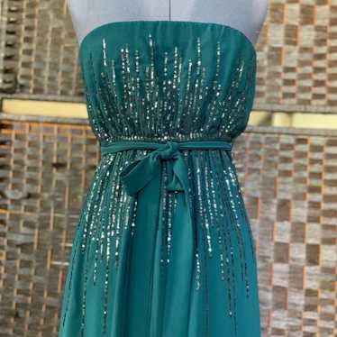 Sz S Teal sequin strapless maxi dress gown floor … - image 1