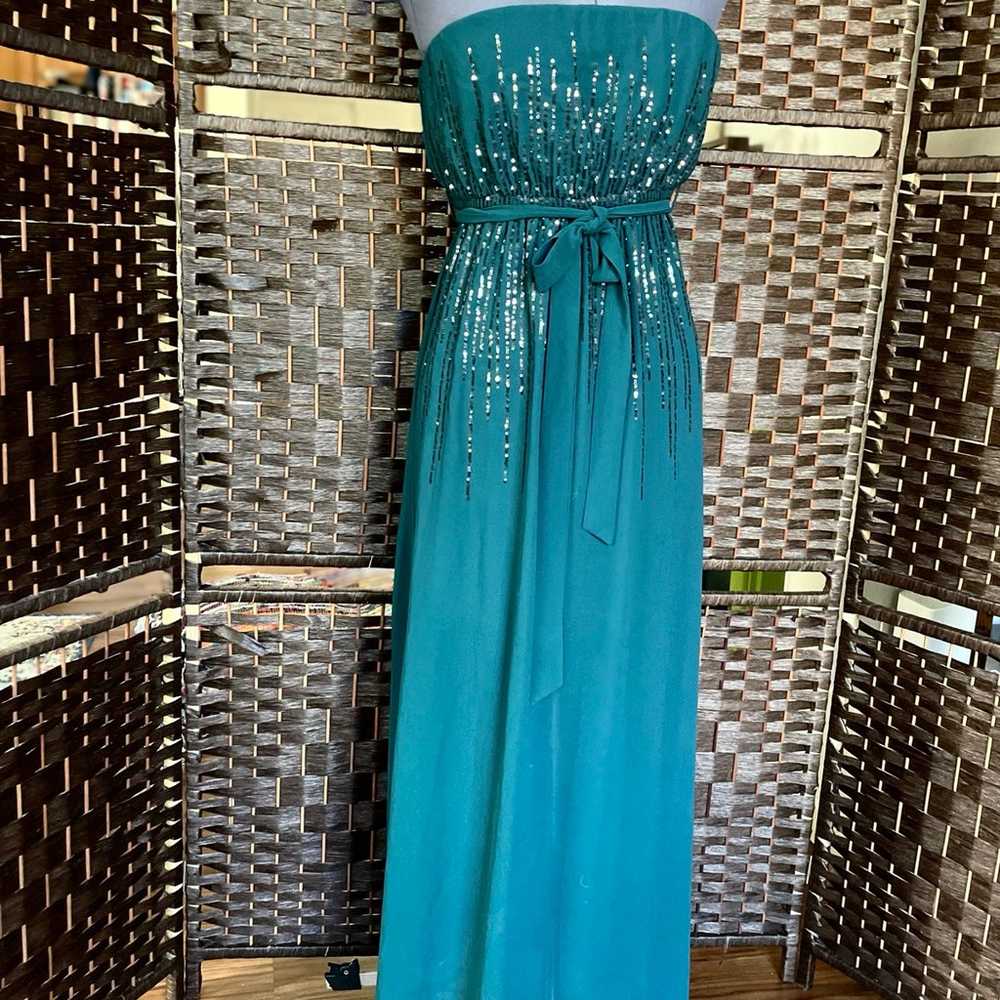 Sz S Teal sequin strapless maxi dress gown floor … - image 2