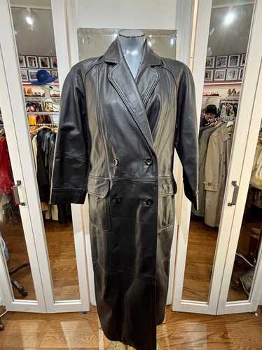 80’s Black Leather Long Coat By Together