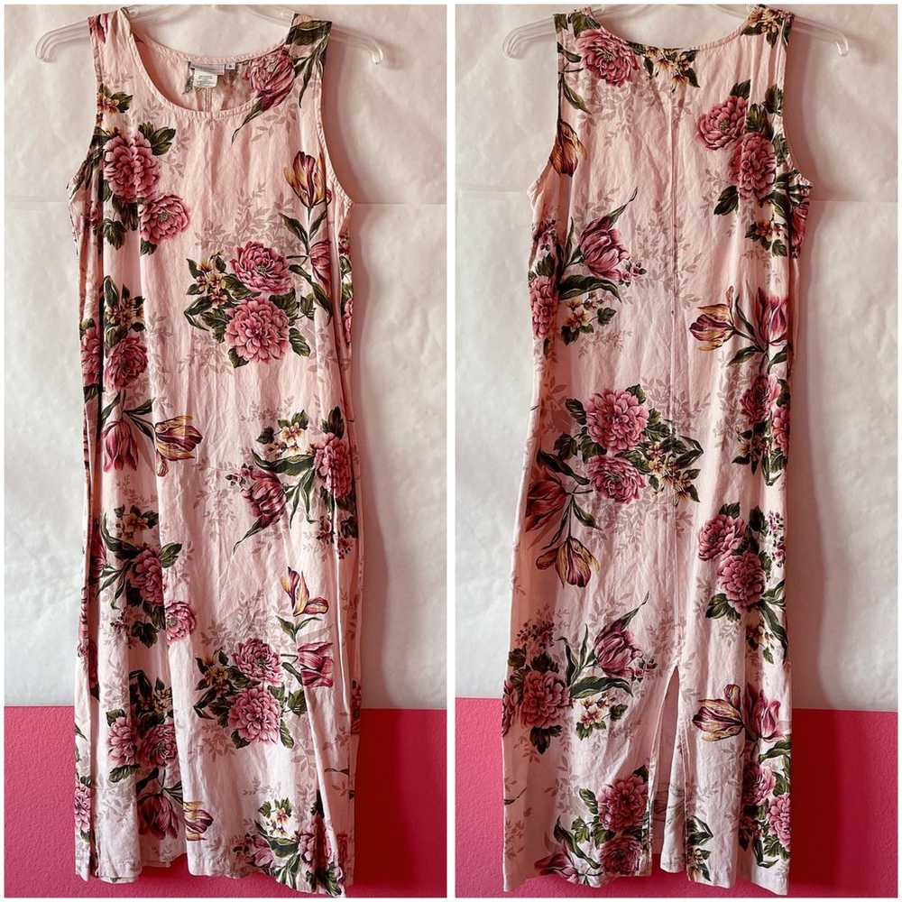 Vintage Hot Cotton Pink Floral Linen Blend Maxi D… - image 1