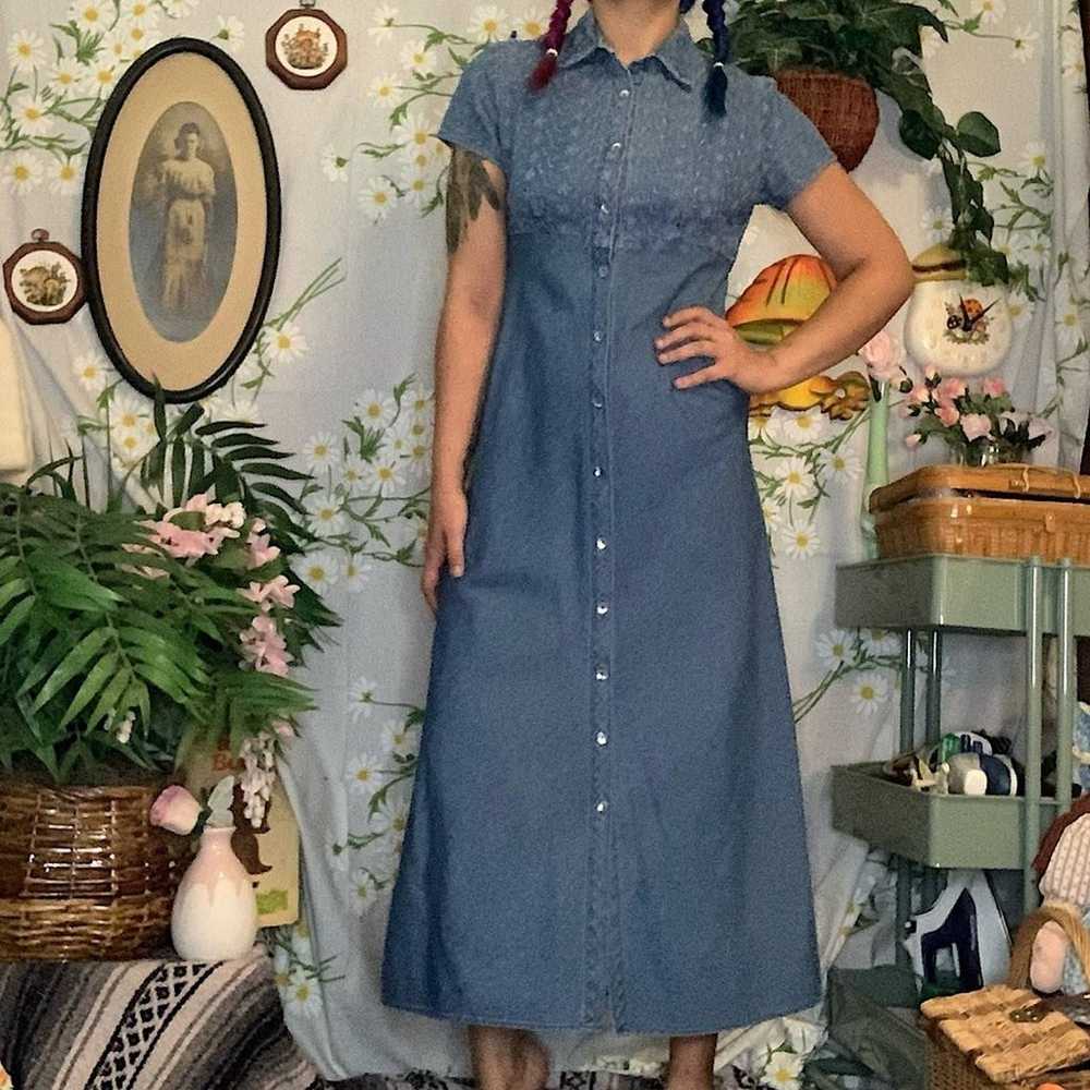 Vintage denim floral embroidered eyelet maxi dress - image 1