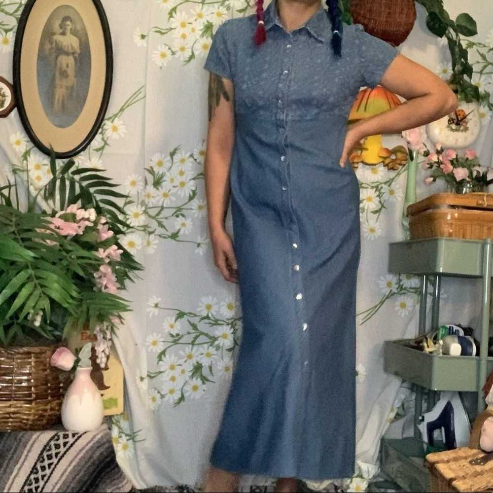 Vintage denim floral embroidered eyelet maxi dress - image 2