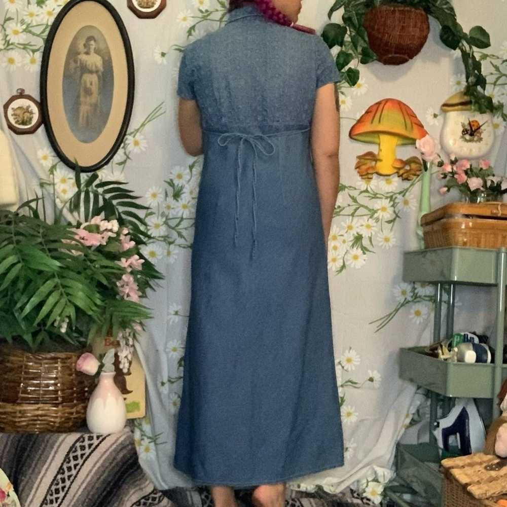 Vintage denim floral embroidered eyelet maxi dress - image 3