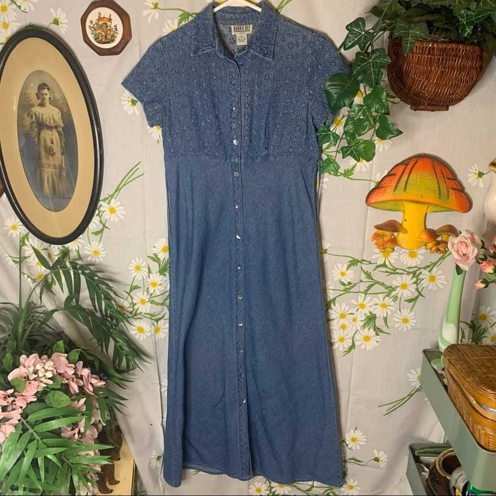 Vintage denim floral embroidered eyelet maxi dress - image 4