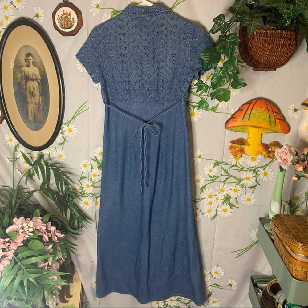 Vintage denim floral embroidered eyelet maxi dress - image 7