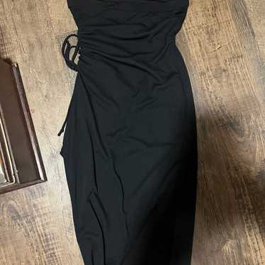 Vintage Y2K Ruby Black Ruched Tie Strapless Midi D