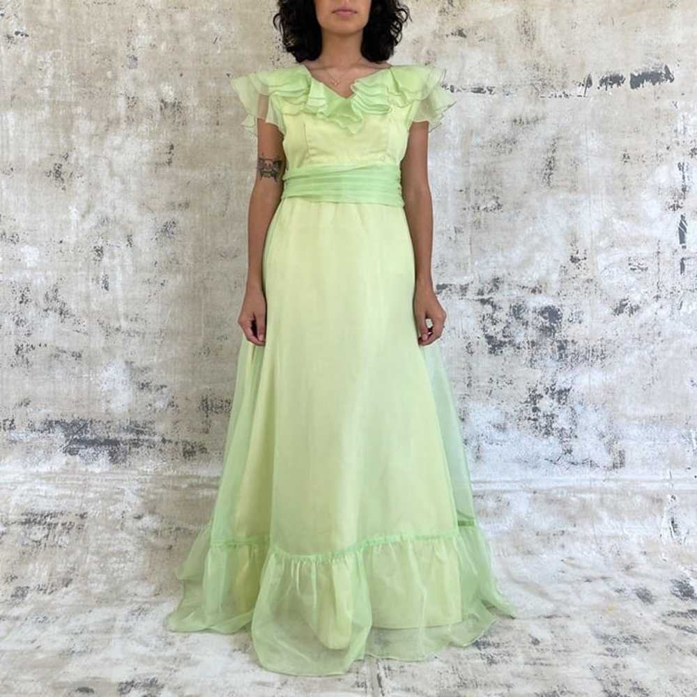 Vintage 70s Lime Green Ruffled Formal Maxi Dress - image 1