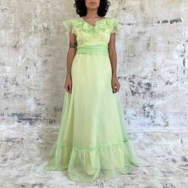 Vintage 70s Lime Green Ruffled Formal Maxi Dress - image 1