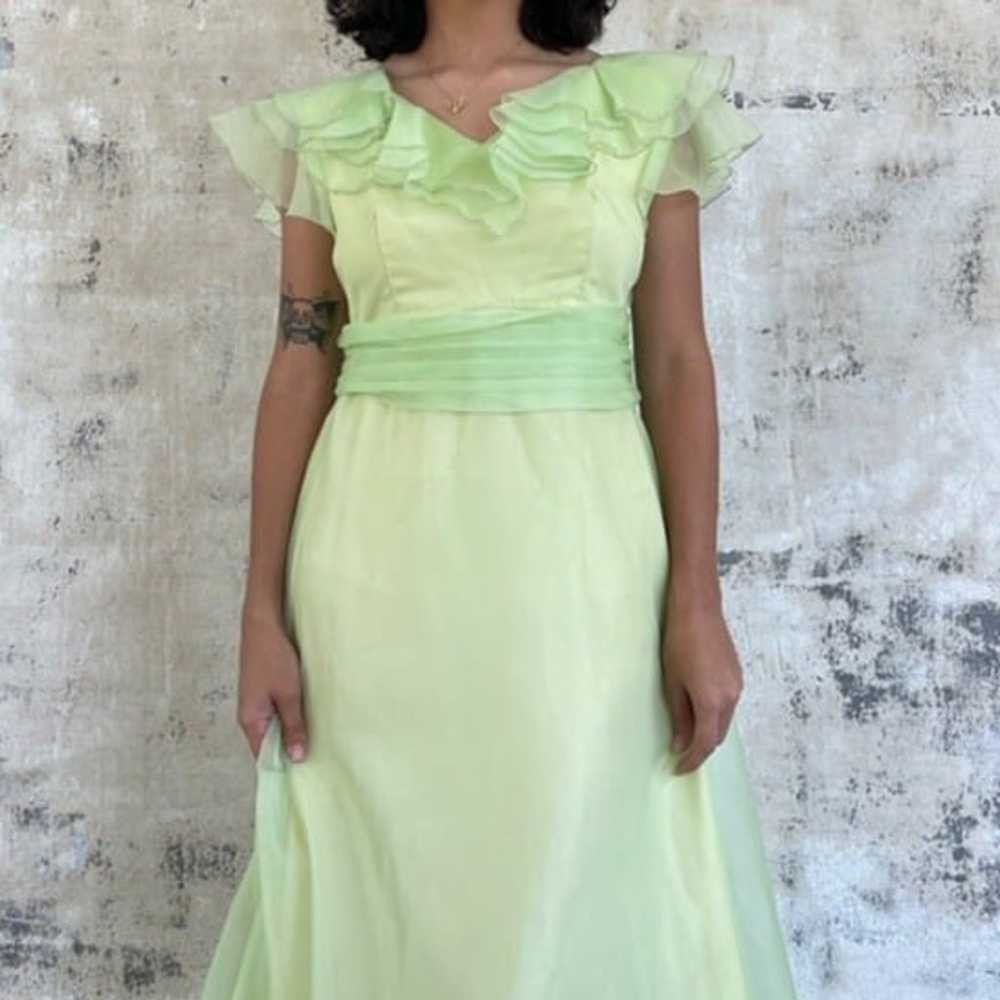 Vintage 70s Lime Green Ruffled Formal Maxi Dress - image 2