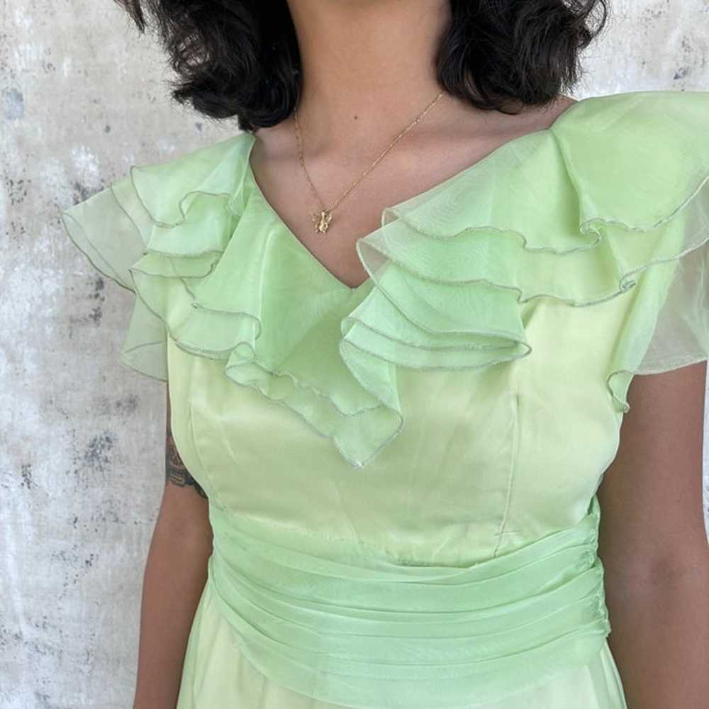 Vintage 70s Lime Green Ruffled Formal Maxi Dress - image 3