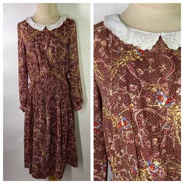 Vintage Small? Lace Collar Floral Print Long Slee… - image 1