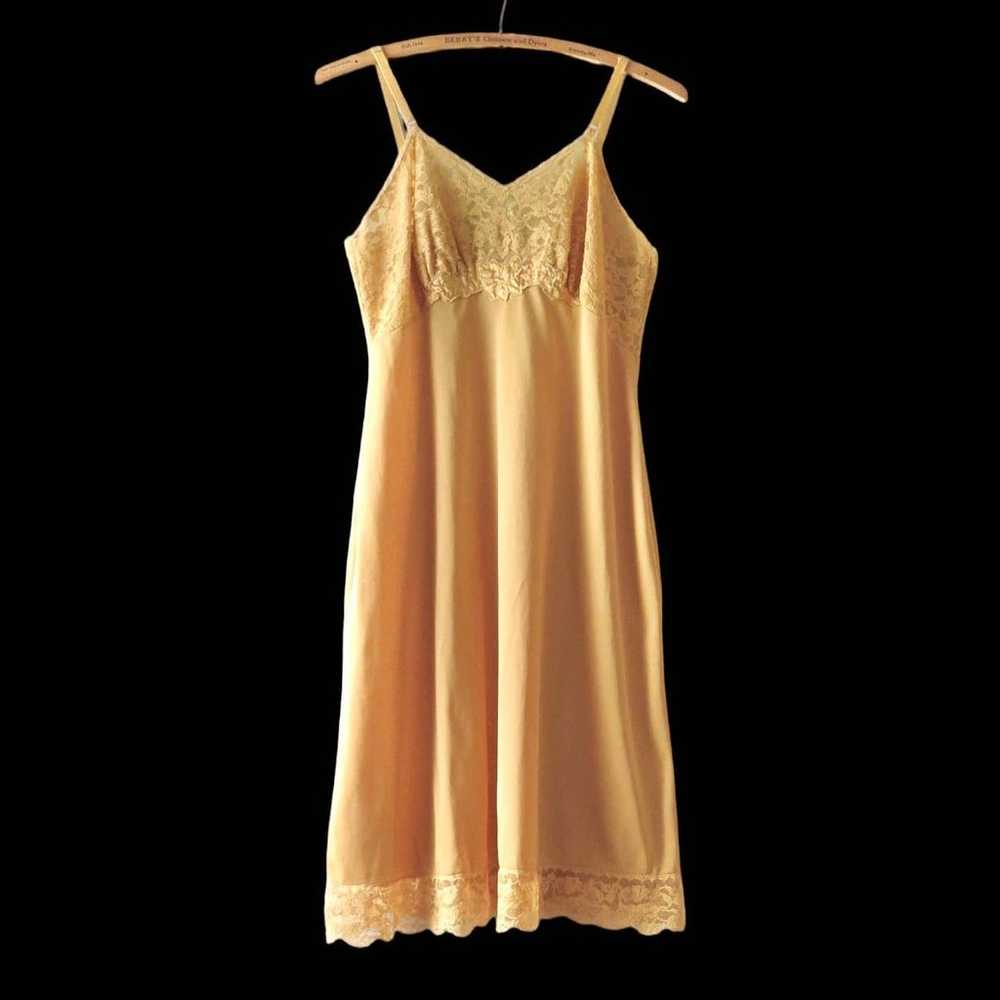 60s Vintage Autumn Gold Nylon & Lace Slip Dress S - image 1