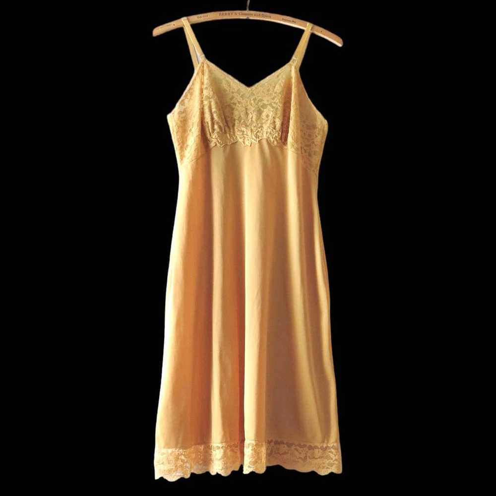 60s Vintage Autumn Gold Nylon & Lace Slip Dress S - image 8