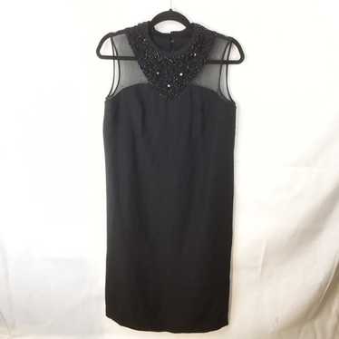 VTG Black Crepe Illusion Sheath Dress Hand Beaded… - image 1