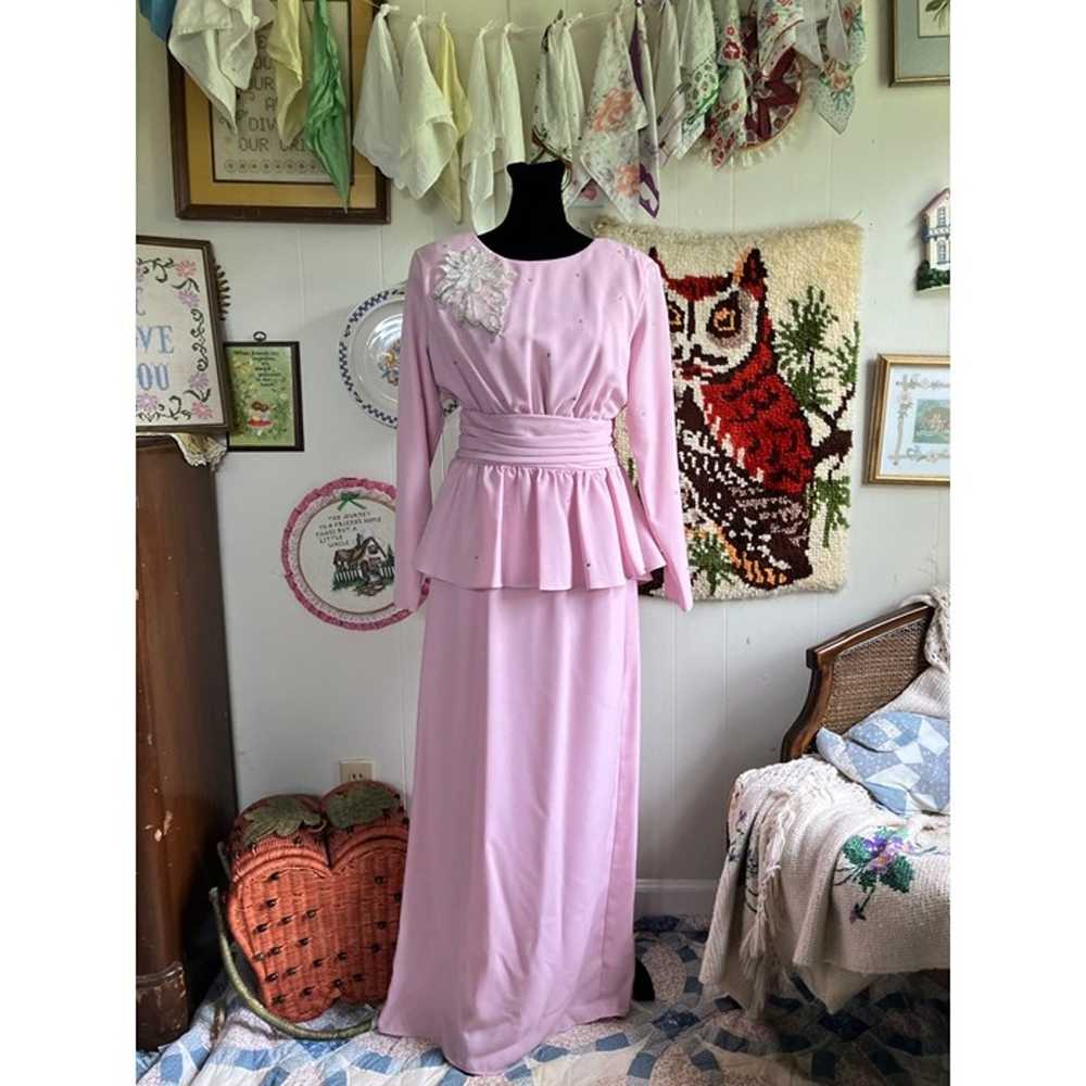 80's vintage union made formal pink peplum maxi d… - image 1