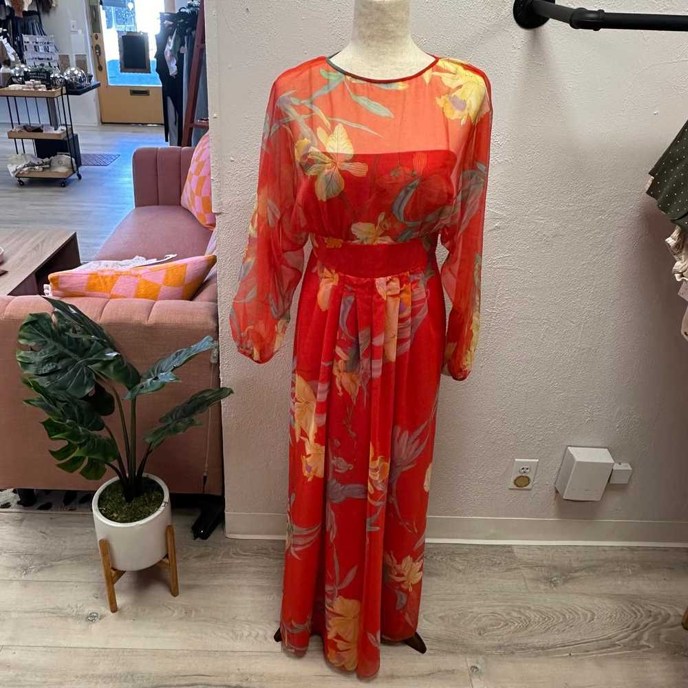 Vintage orange chiffon floral maxi dress - image 1