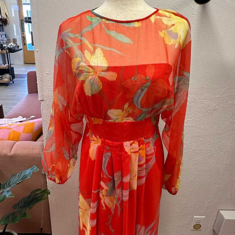 Vintage orange chiffon floral maxi dress - image 2