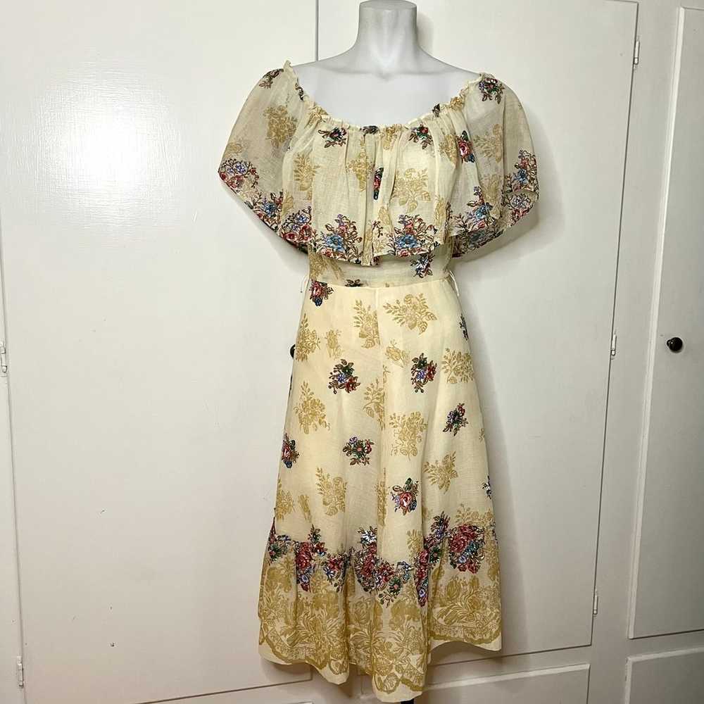 Vintage 70s Cream Floral Off Shoulder A Line Dress - image 1