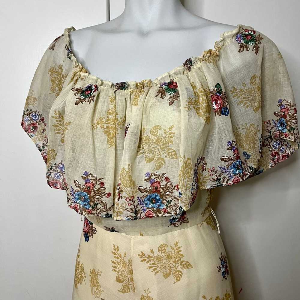 Vintage 70s Cream Floral Off Shoulder A Line Dress - image 2