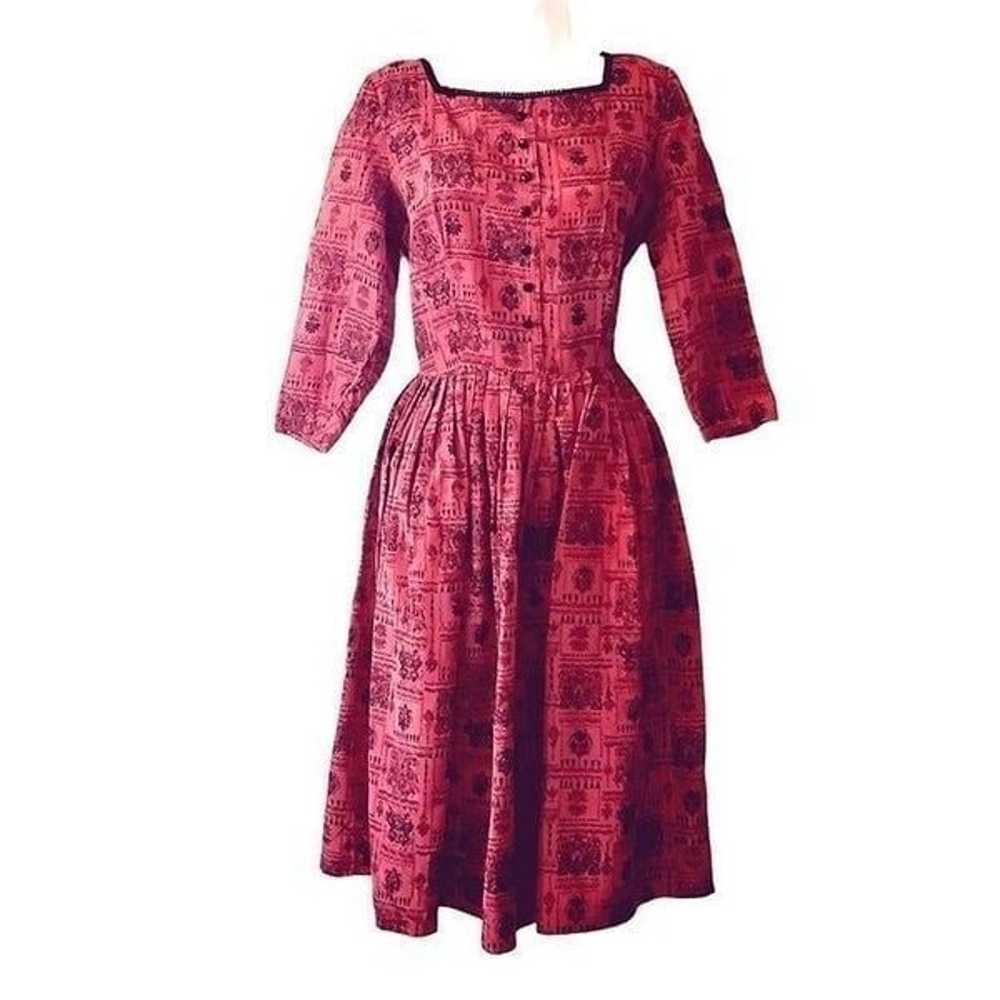 50s Pink Red Dress S Taffeta Romantic Fit and Fla… - image 1